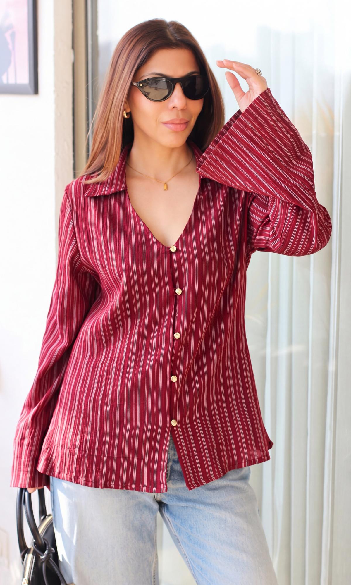Raspberry Red Striped  Crinkled Flared Sleeve Shirt