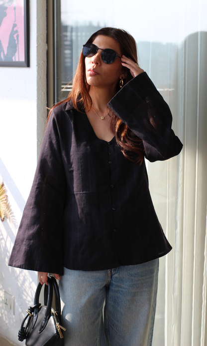 Black Textured Flared Sleeve Shirt