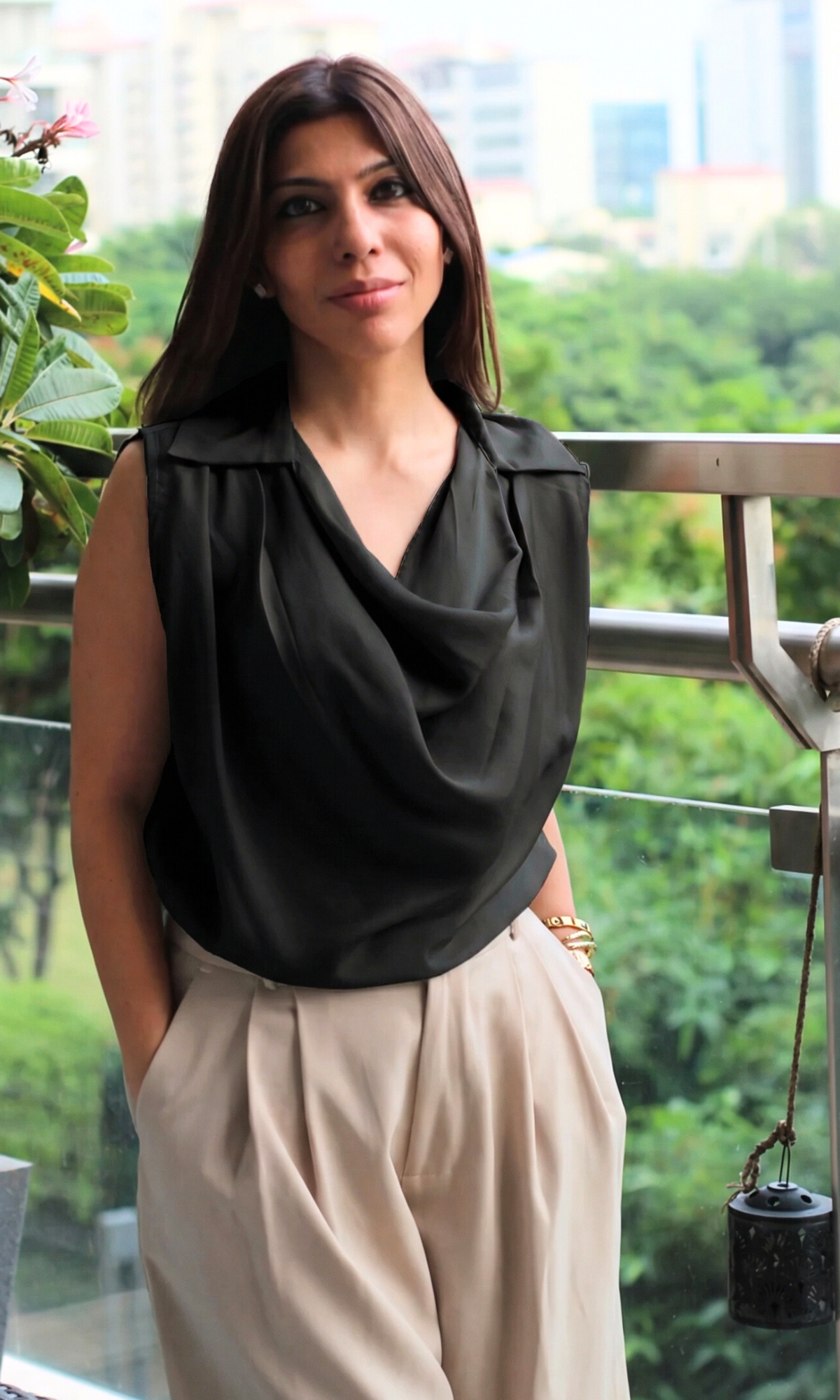 Black Collared Cowl Neck Top