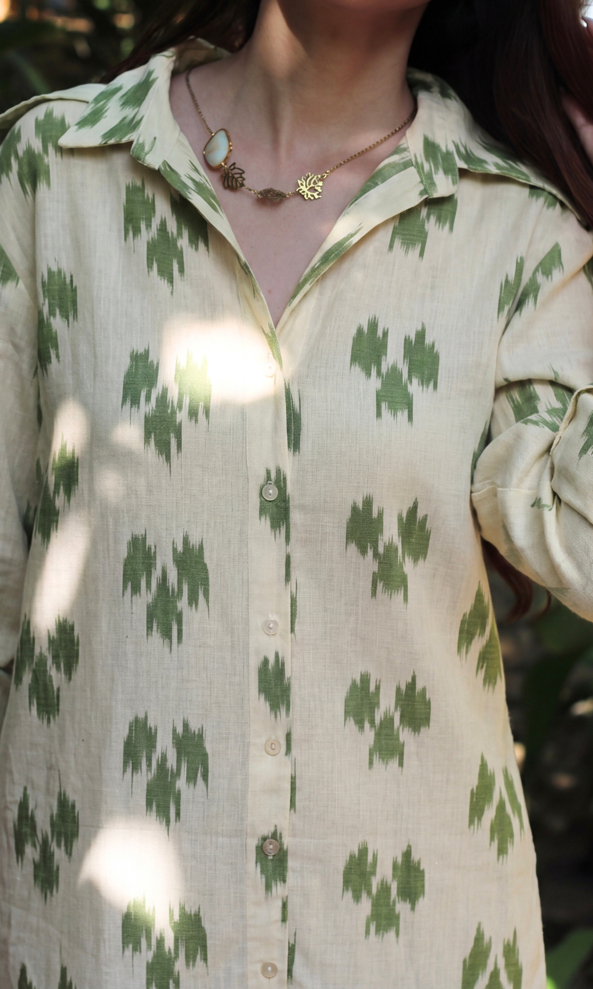 Olive Ikat Print Shirt Dress