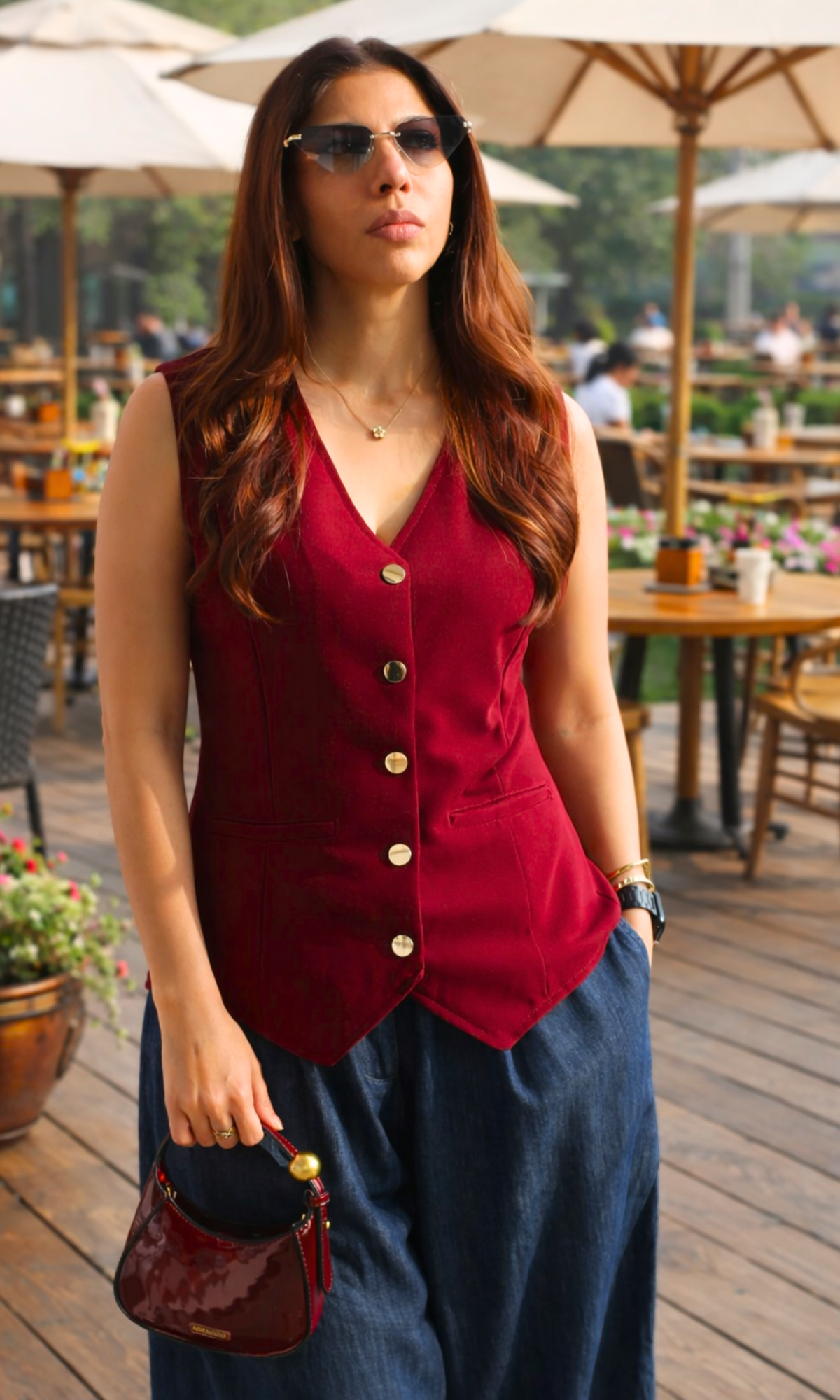 Metallic Buttoned Ruby Waist Coat