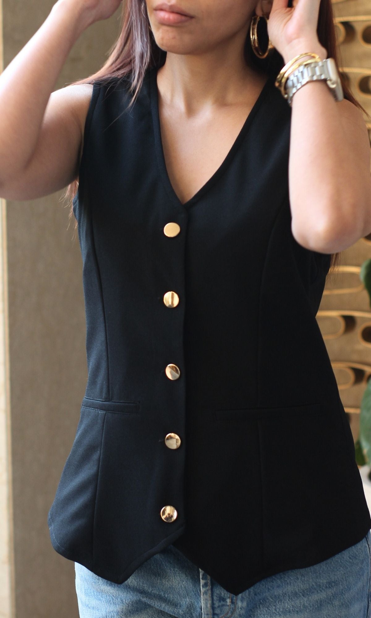 Black Metallic Buttoned Waist Coat