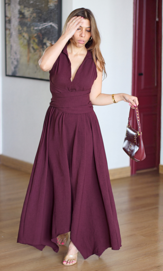 Wine Wrap Handkerchief Hem Midi Dress