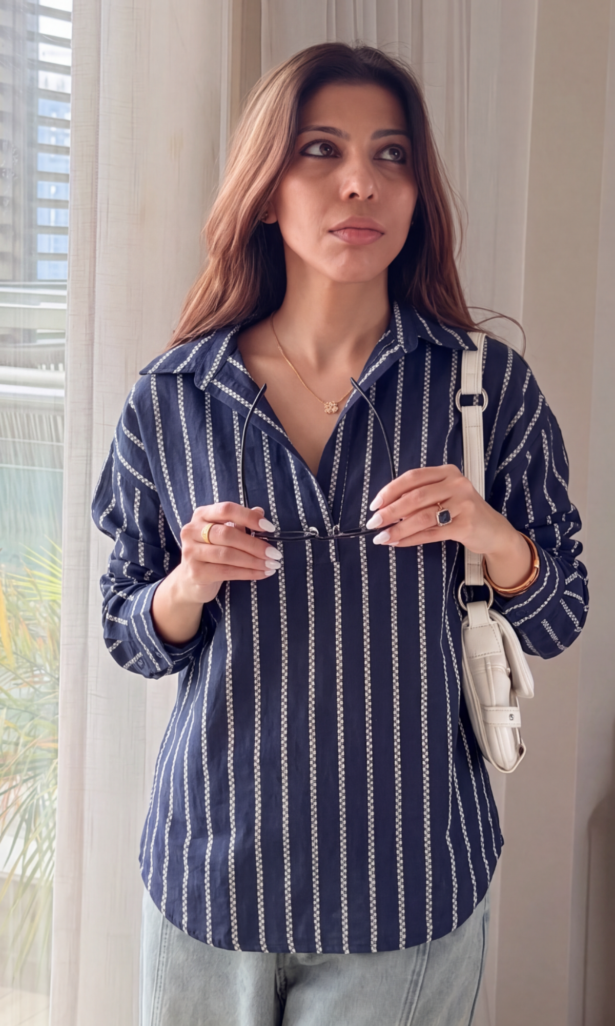Navy Textured Stripe Popover Top