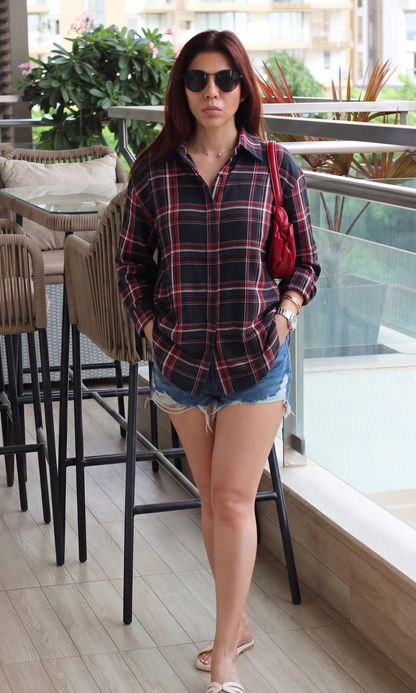 Burgundy Plaid Hidden-Placket Shirt
