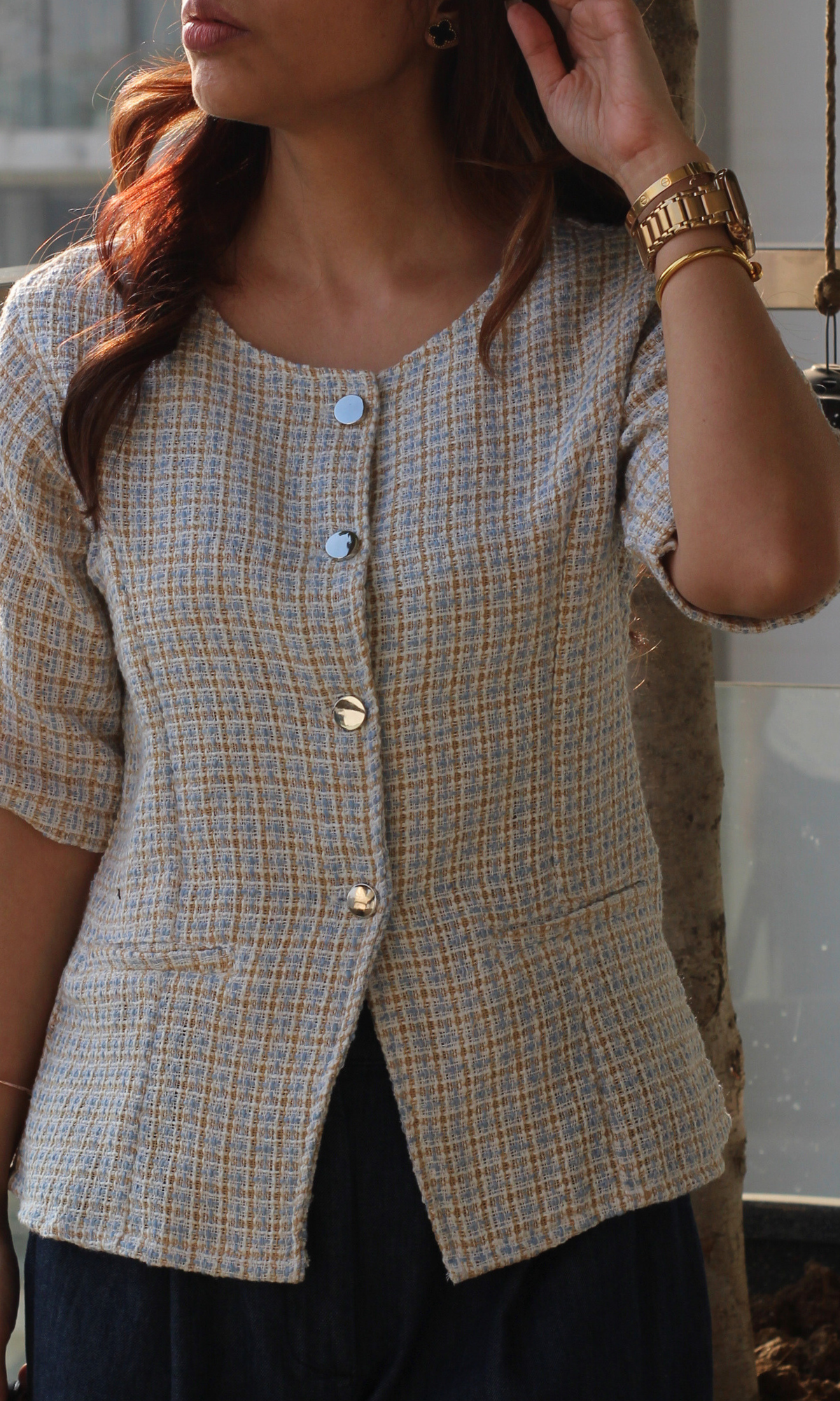 Blue-Beige Tweed Round Neck Waist Coat