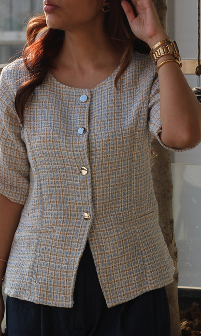 Blue-Beige Tweed Round Neck Waist Coat