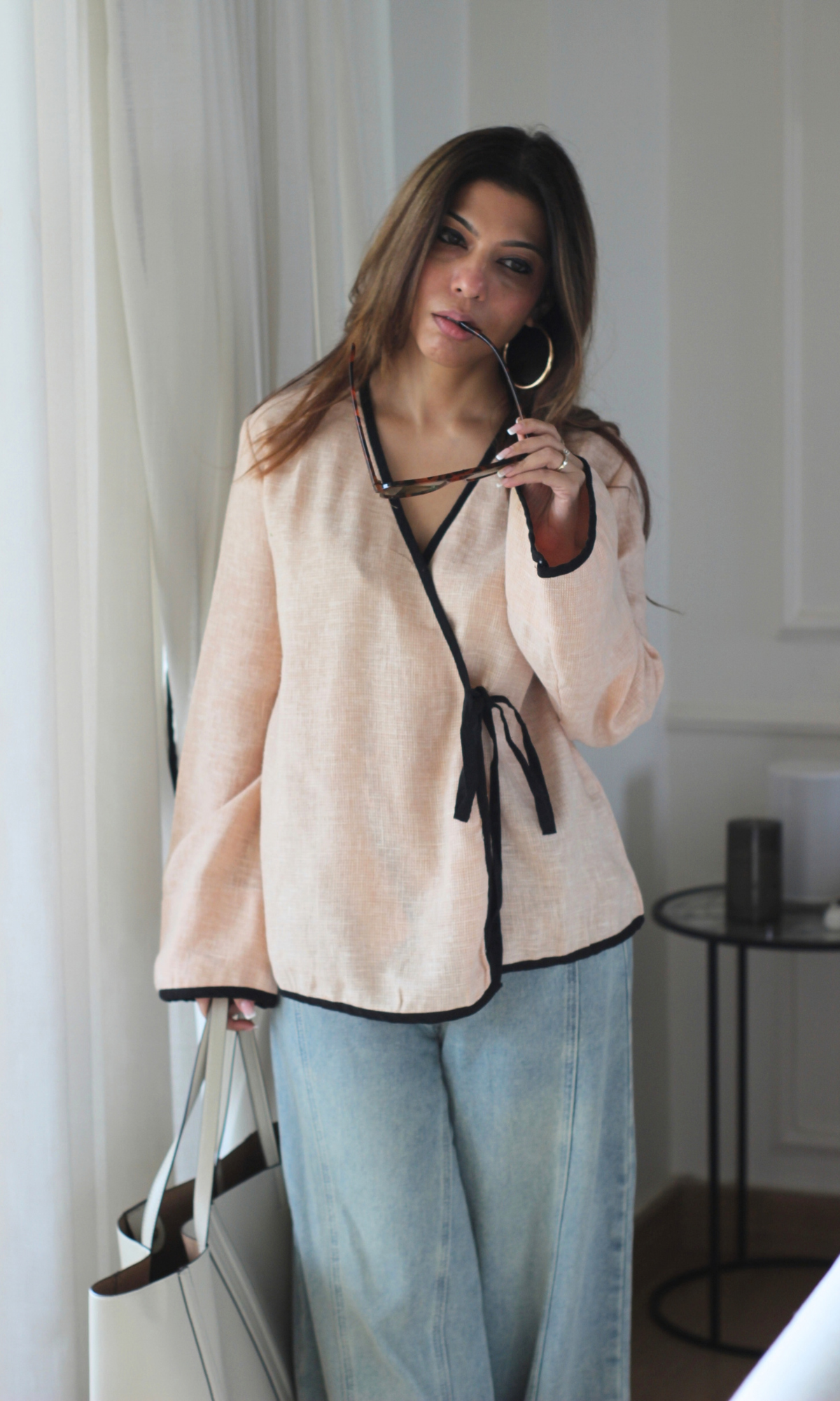 Cream Contrast-Trim Tie Kimono Top