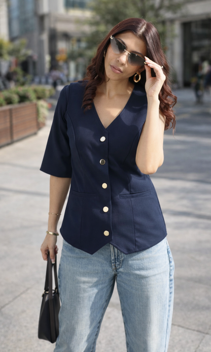 Deep Blue Sleeved Metallic Buttoned Waist Coat