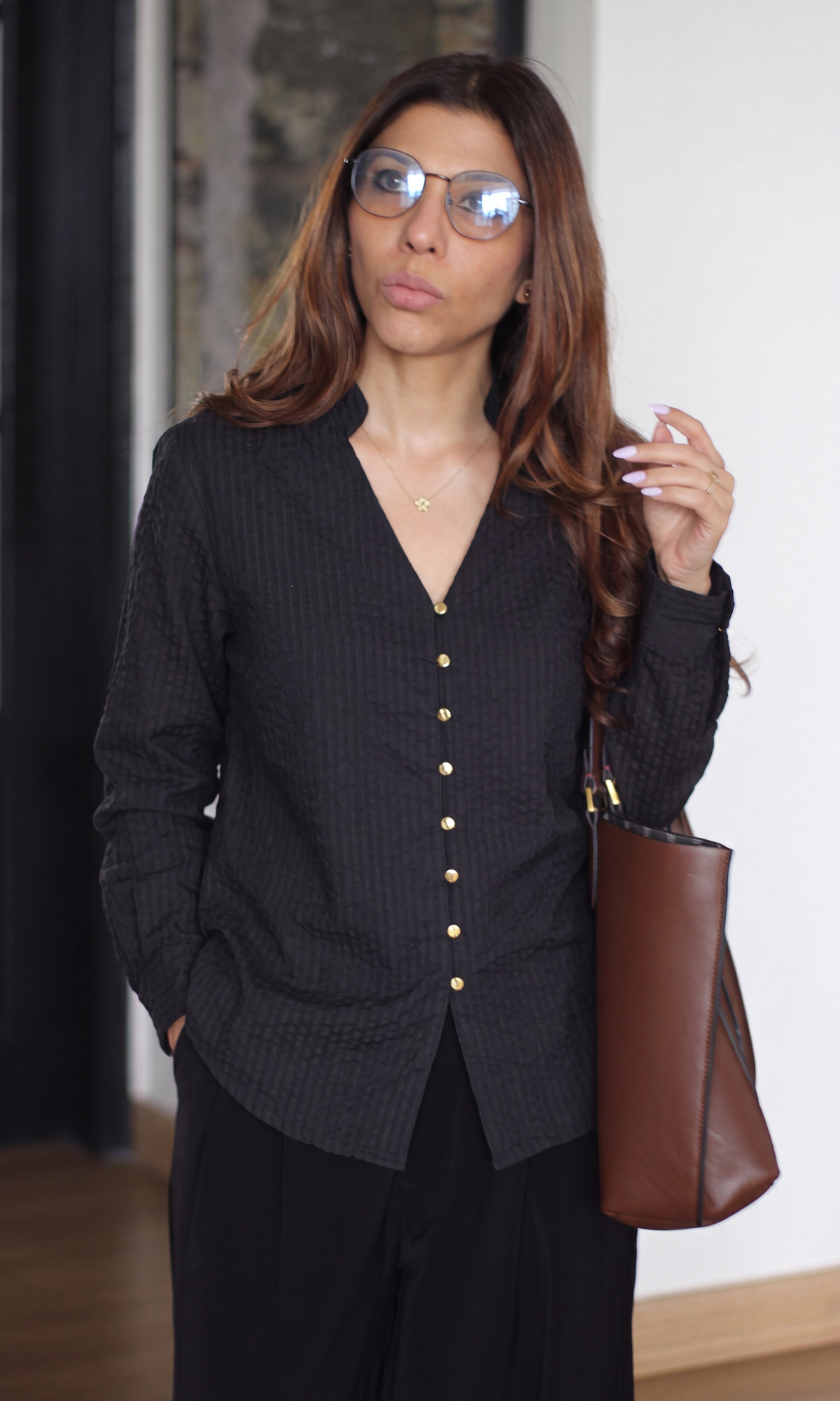 Black Stripe Gathered-Collar Bishop Sleeve Top