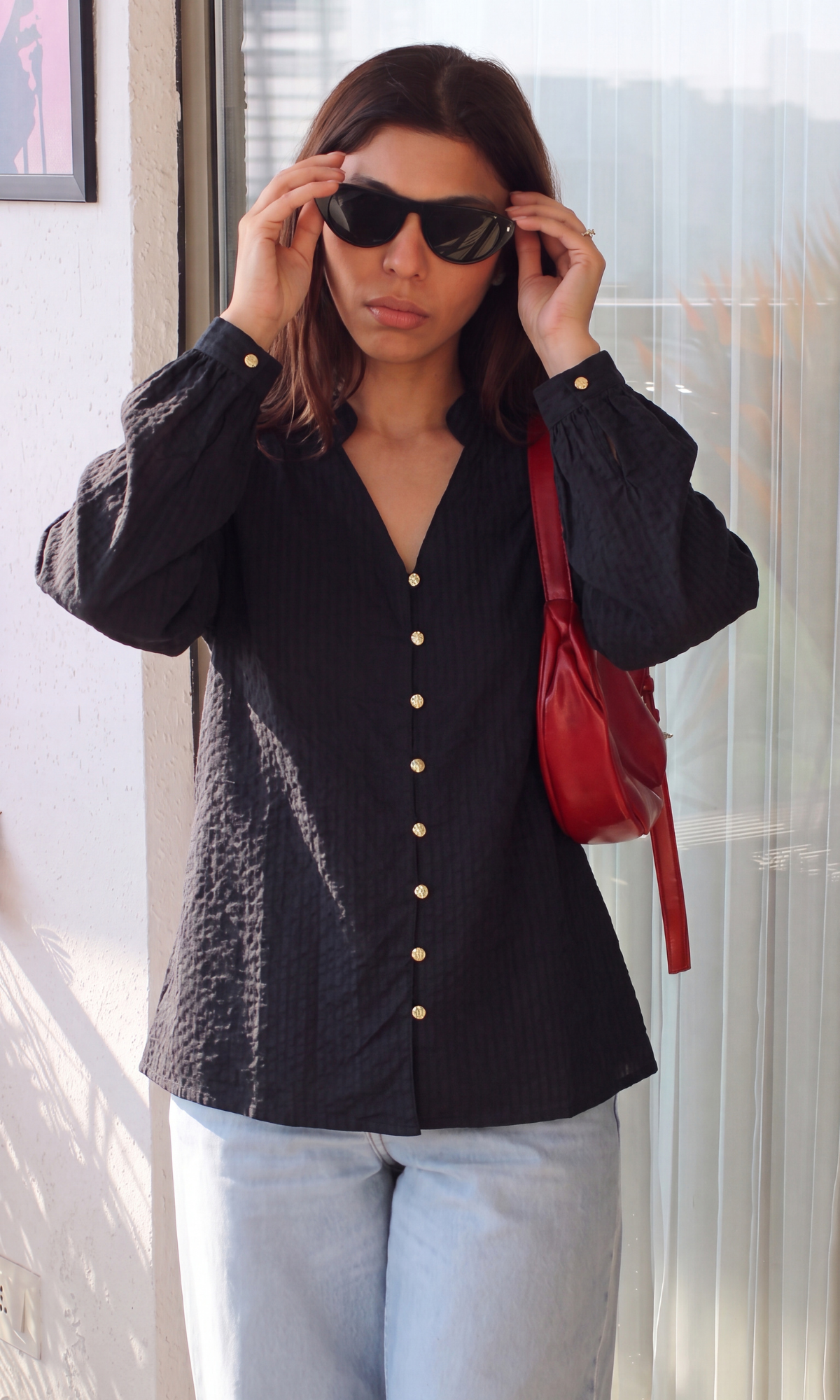 Black Stripe Gathered-Collar Bishop Sleeve Top