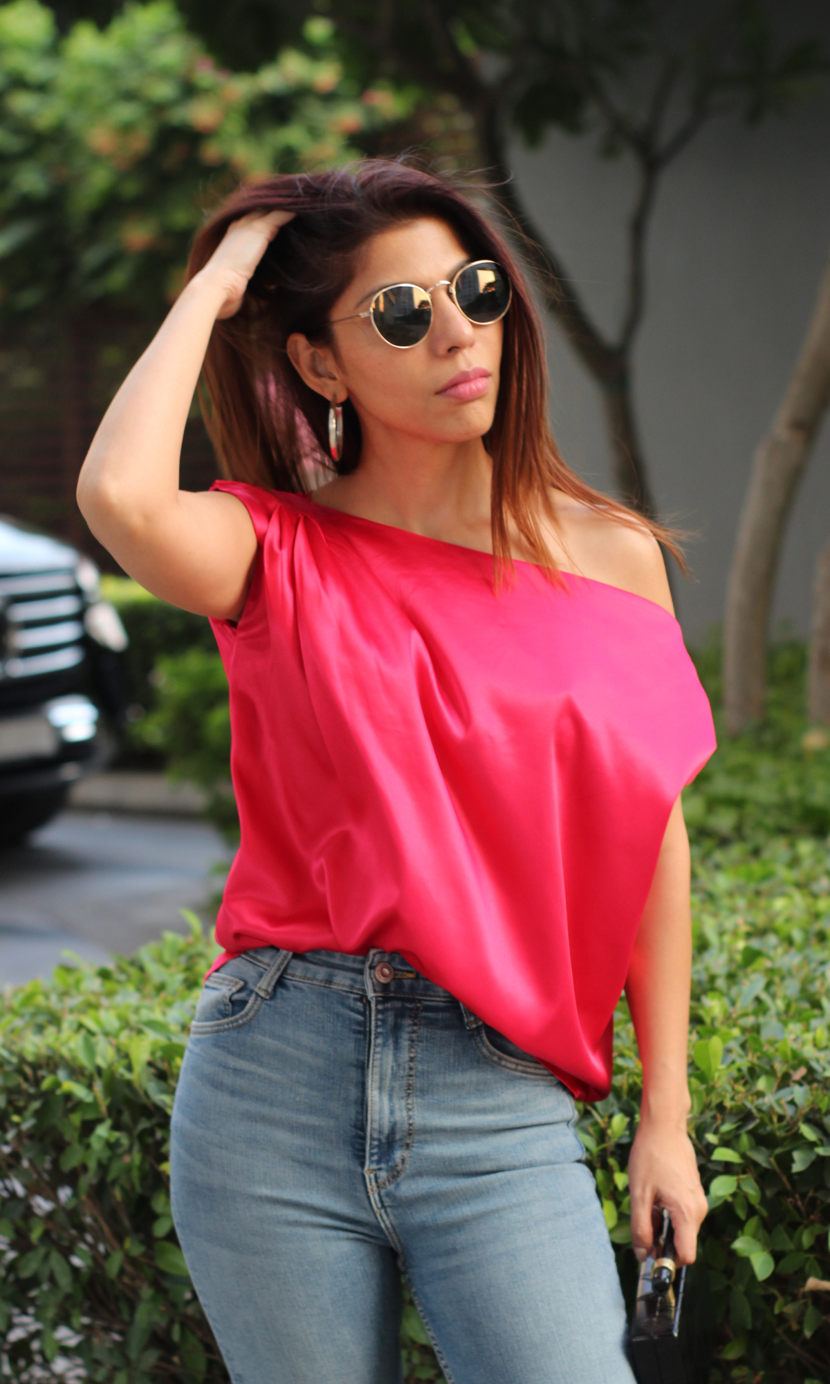 Red Pink One-Shoulder Top