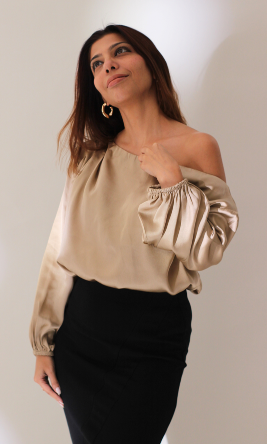 Champagne Balloon Sleeved One Shoulder Top