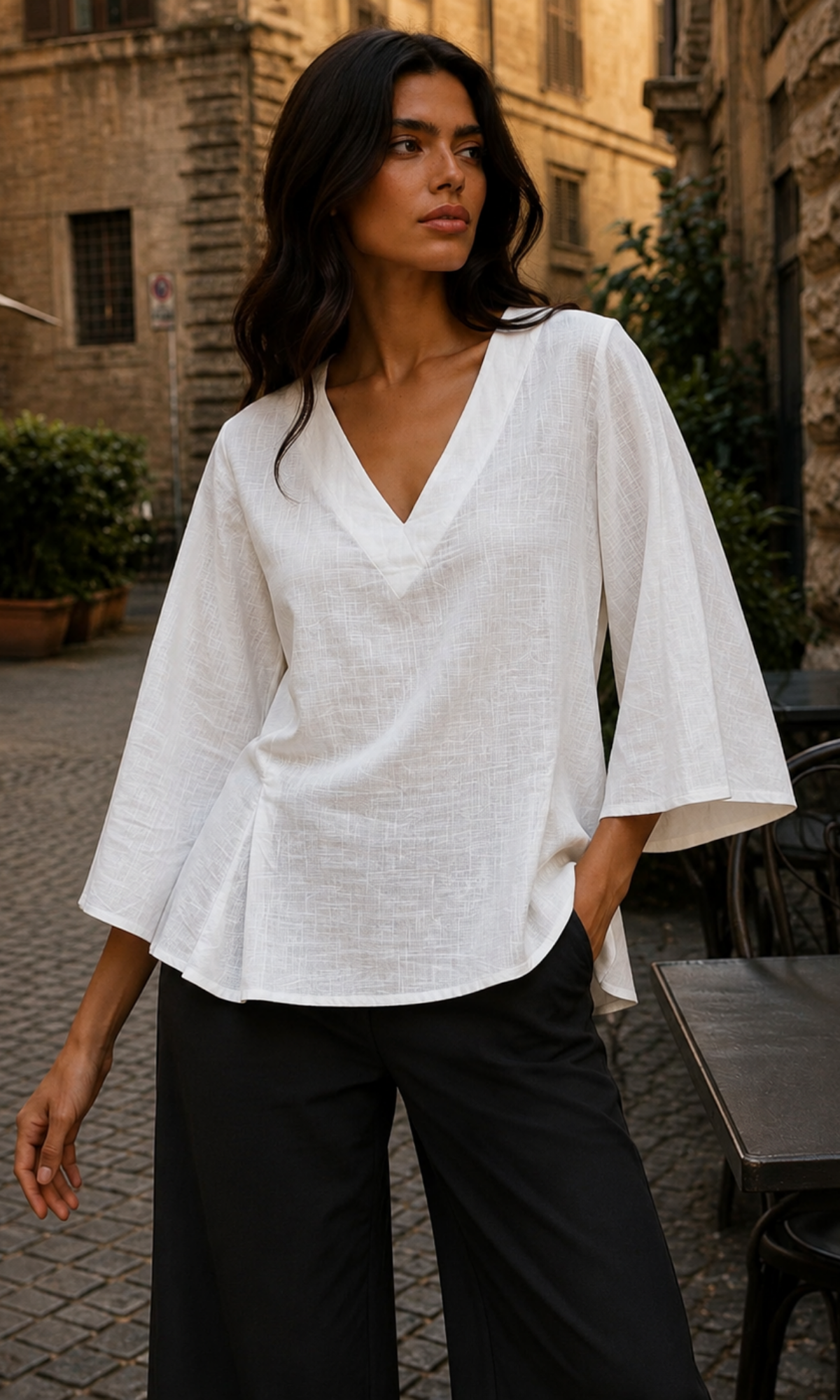 White Textured Pleated V-Neck Top