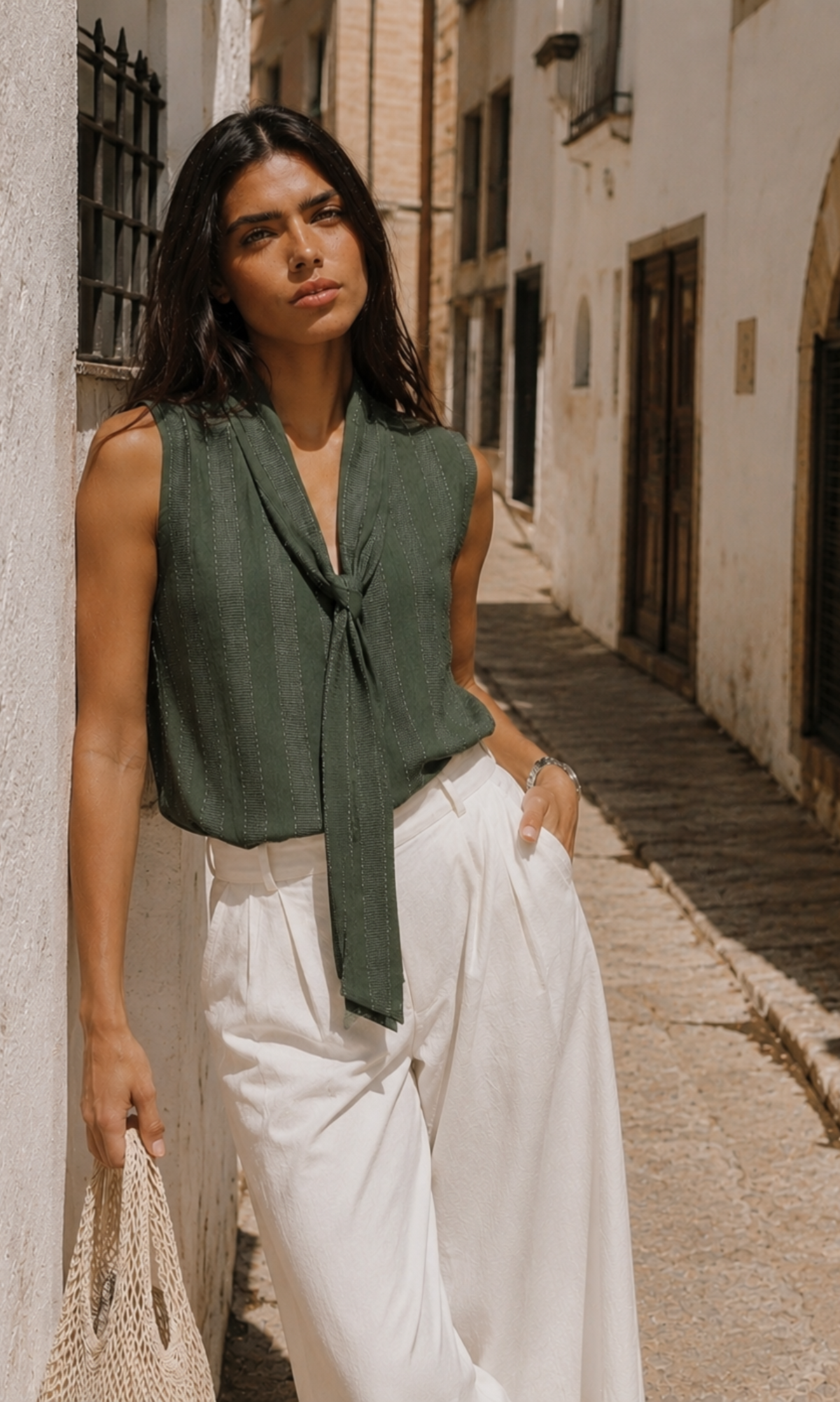 Green Textured Weave Tie-Neck Top