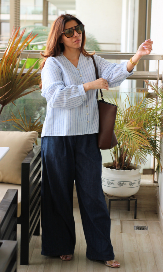Blue Linear Buttoned Top