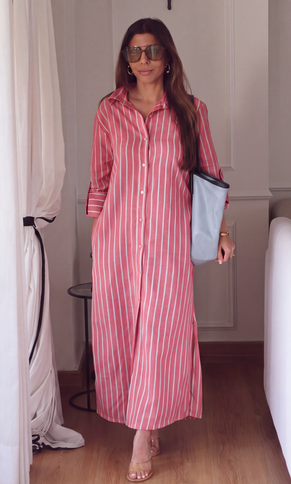 Brick Red Stripe Cotton Shirt-Dress