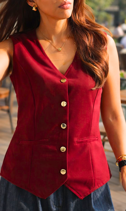 Metallic Buttoned Ruby Waist Coat