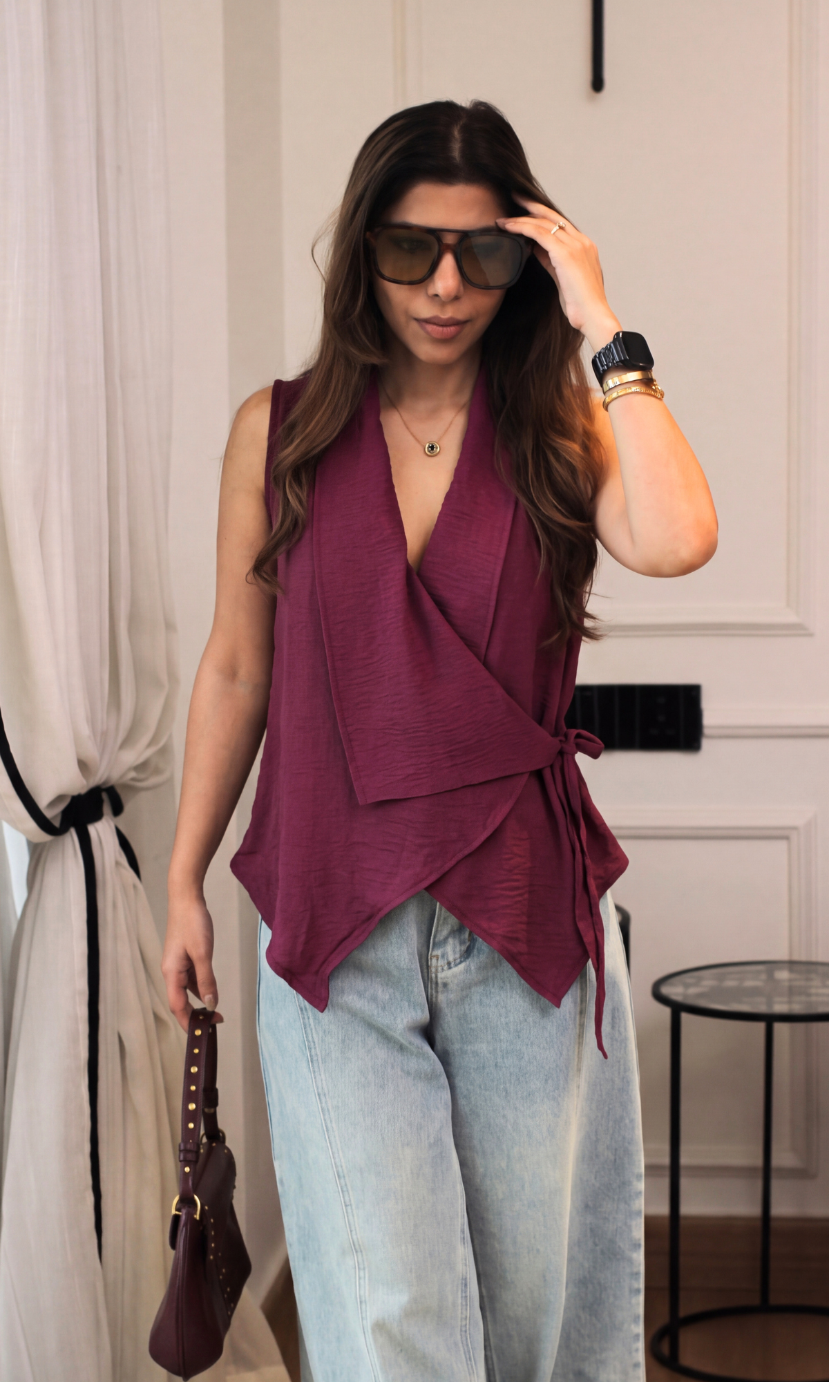 Wine Asymmetric Wrap Top