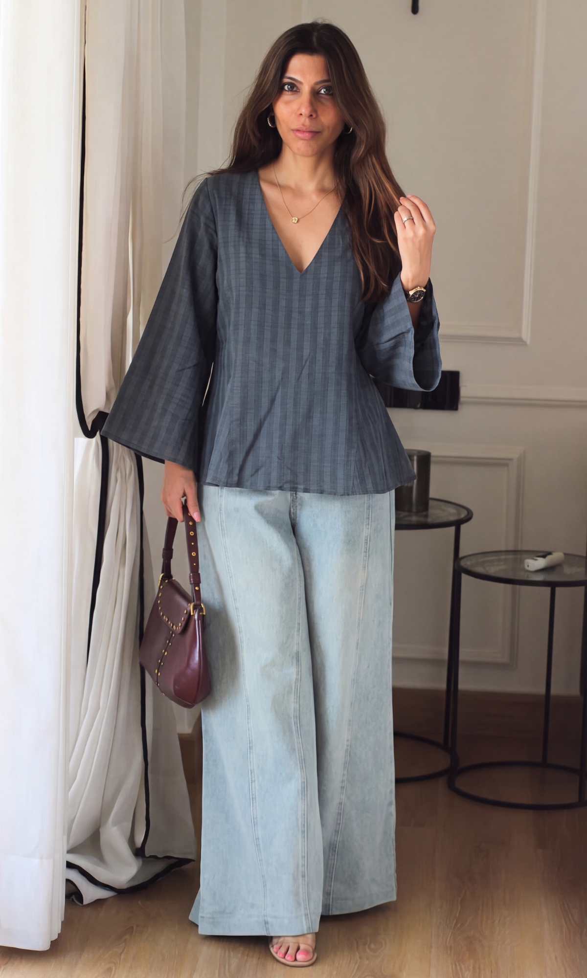 Navy Textured V-Neck Top