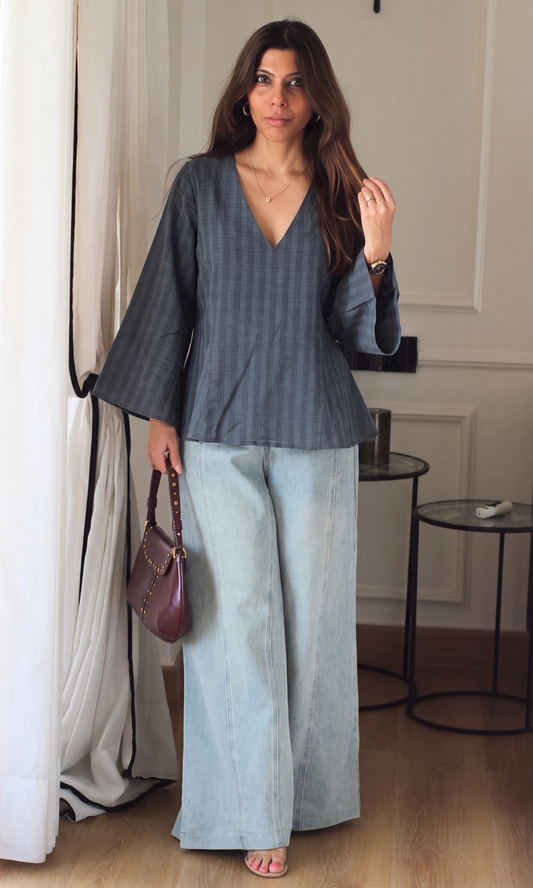 Navy Textured V-Neck Top