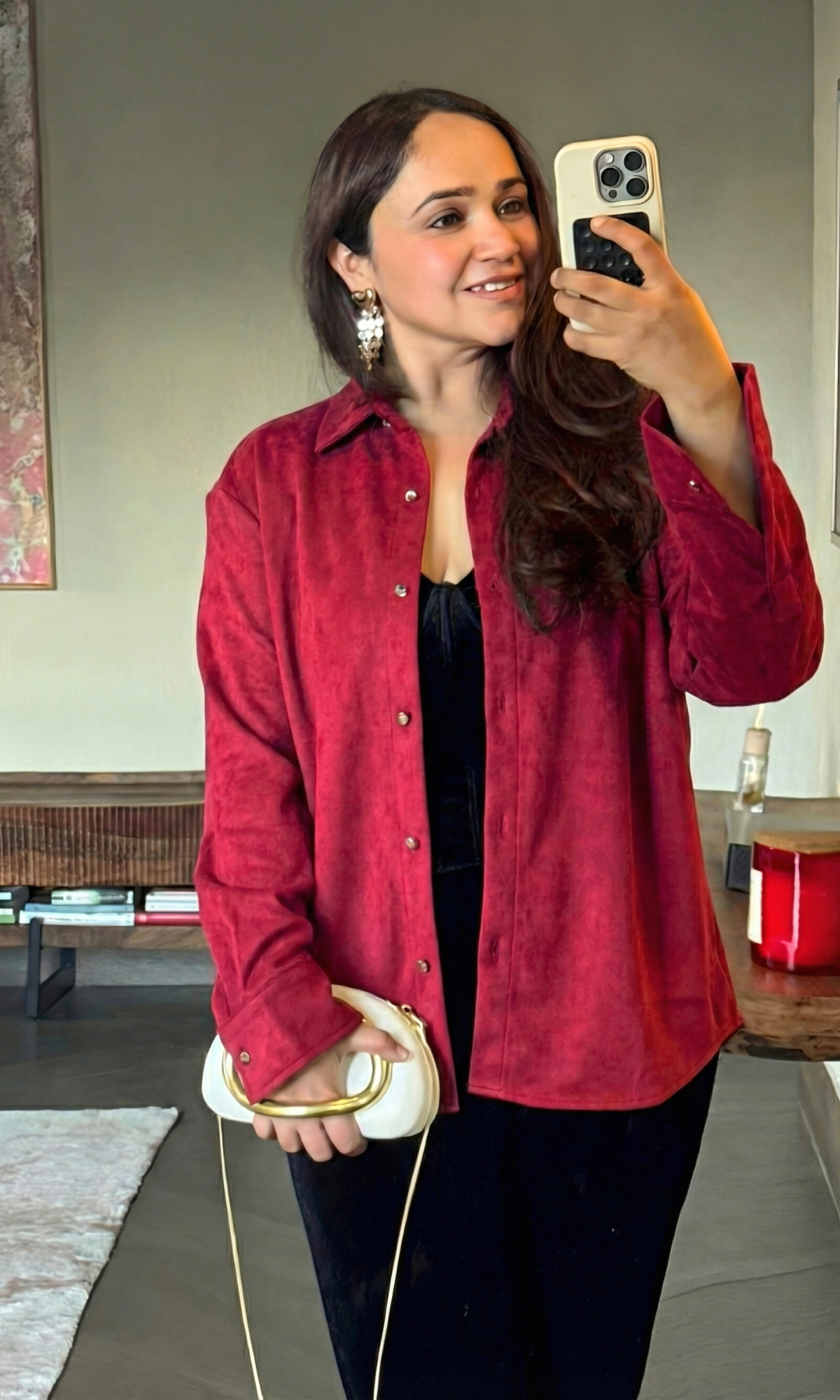 Red Suede Metallic Buttoned Shirt