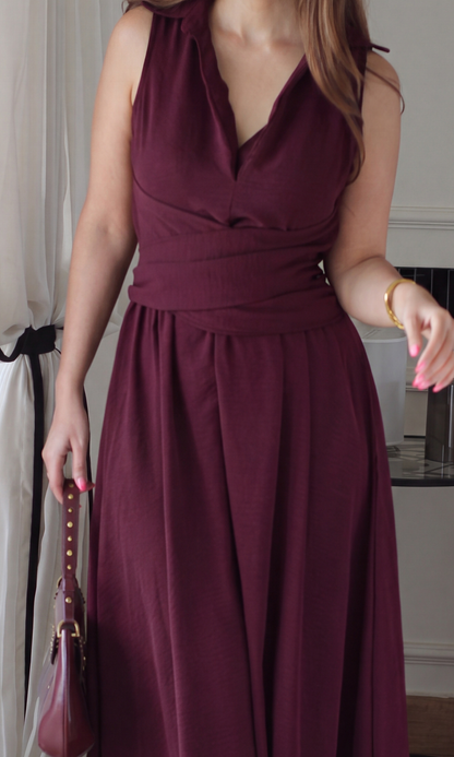 Wine Wrap Handkerchief Hem Midi Dress