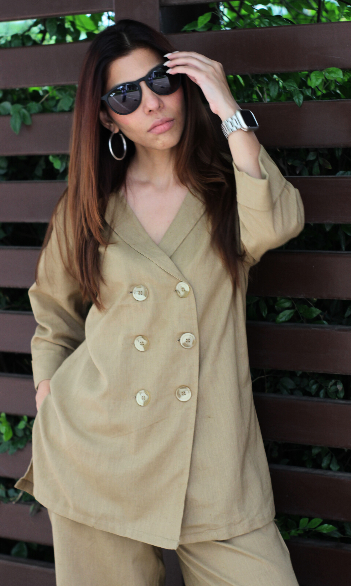 Wheat Blazer Top with Slit Pants Co-ord