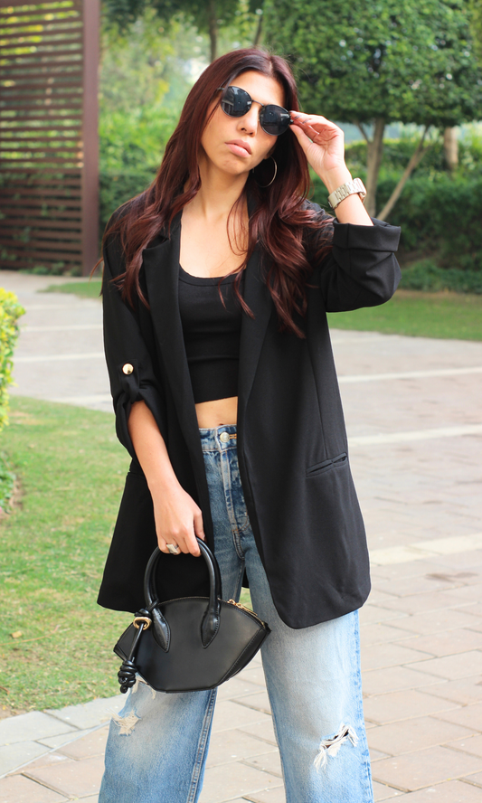 Black Rolled-Up Sleeve Blazer Jacket