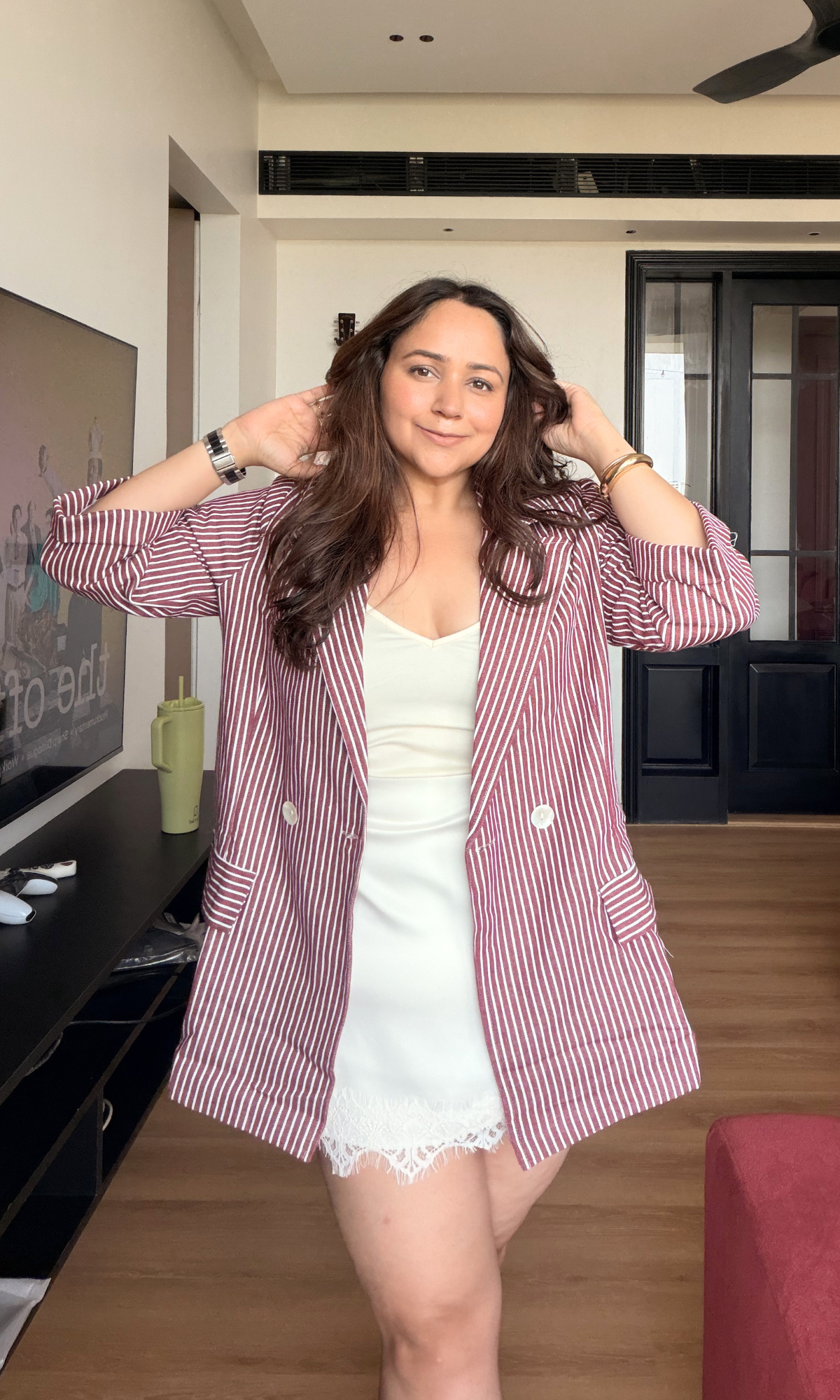 Wine Pinstripe Double-Breasted Blazer