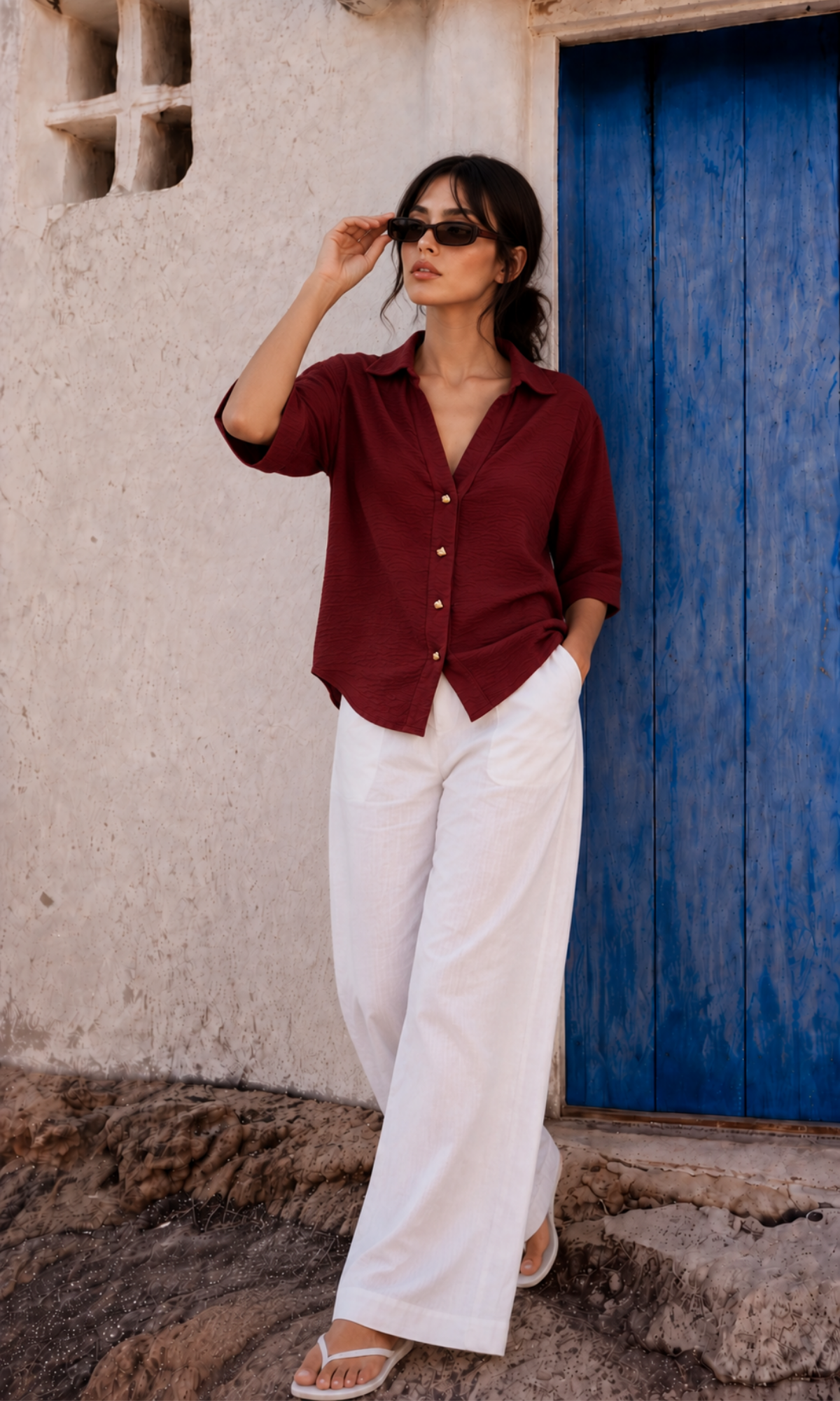 Brick Red Metallic-Button Boxy Shirt