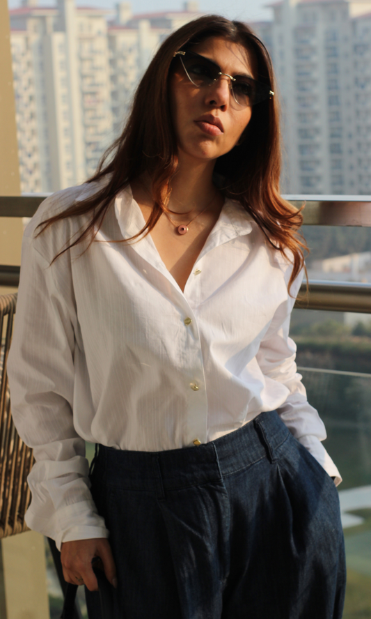 White Weaved Metallic Buttoned Shirt