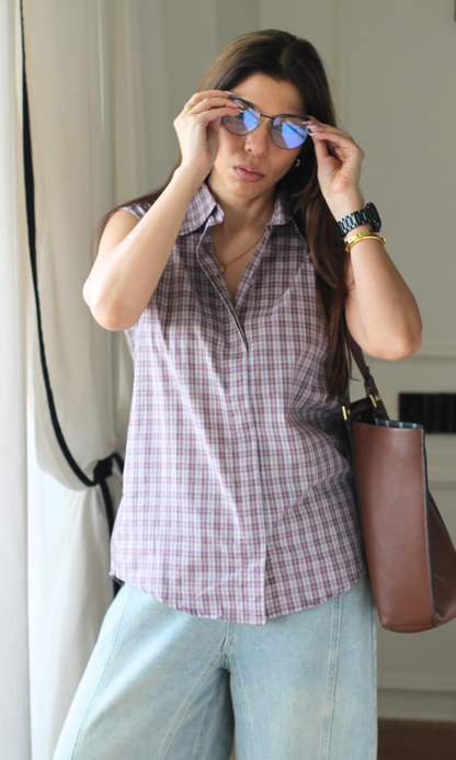 Dusty Lilac Checked Sleeveless Shirt