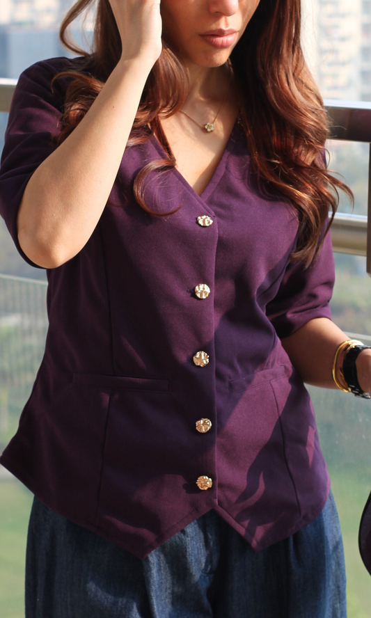 Dark Violet Sleeved Metallic Buttoned Waist Coat