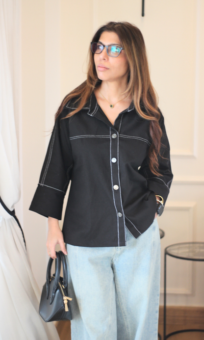 Clean Black Denim Topstitch Detail Shirt