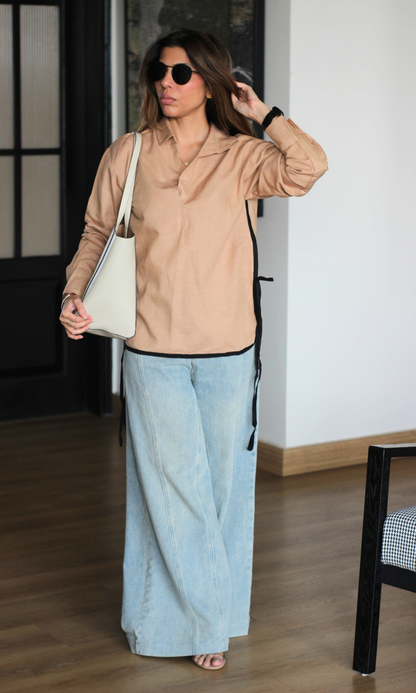 Camel Cotton Contrast-Piped Tunic