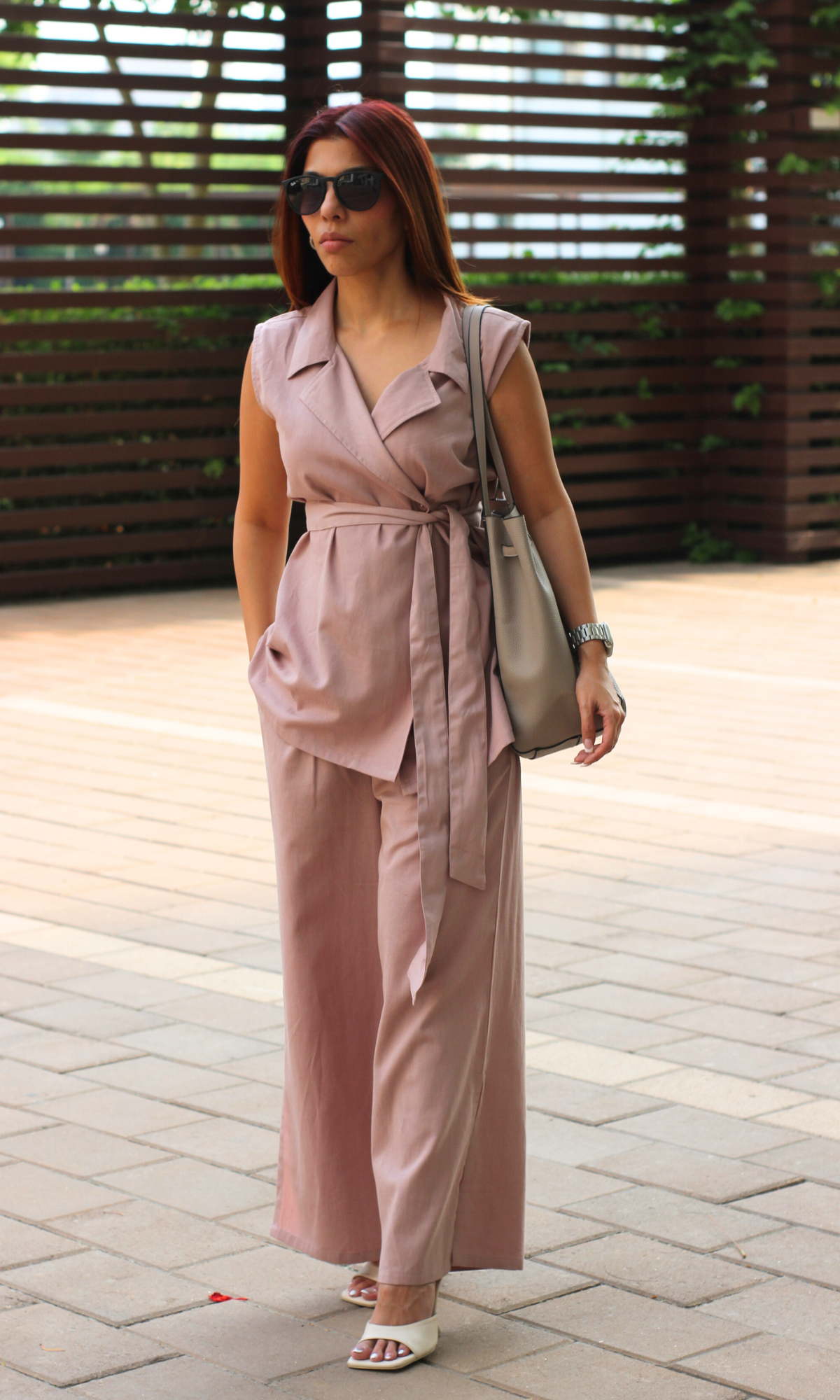 Mauve Belted Blazer Top with Flared Pants Co-ord