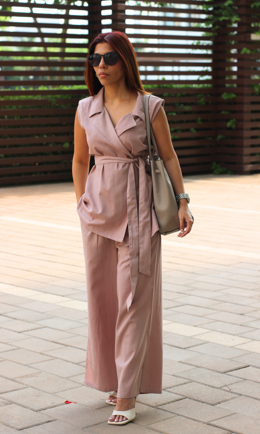 Mauve Belted Blazer Top with Flared Pants Co-ord