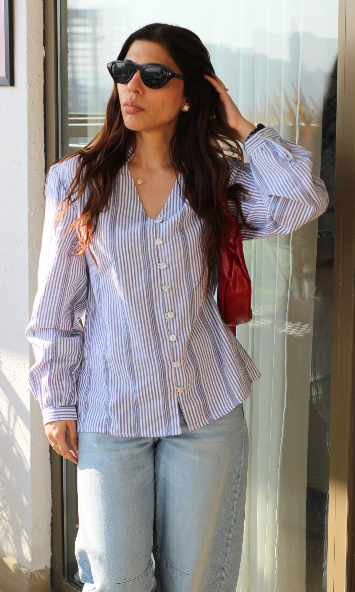 Blue-White Linear Buttoned Top