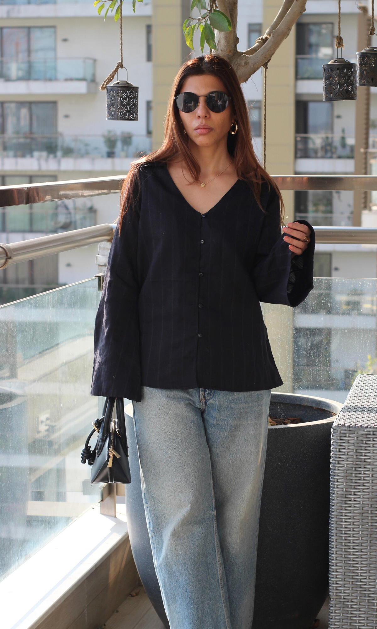 Black Textured Flared Sleeve Shirt