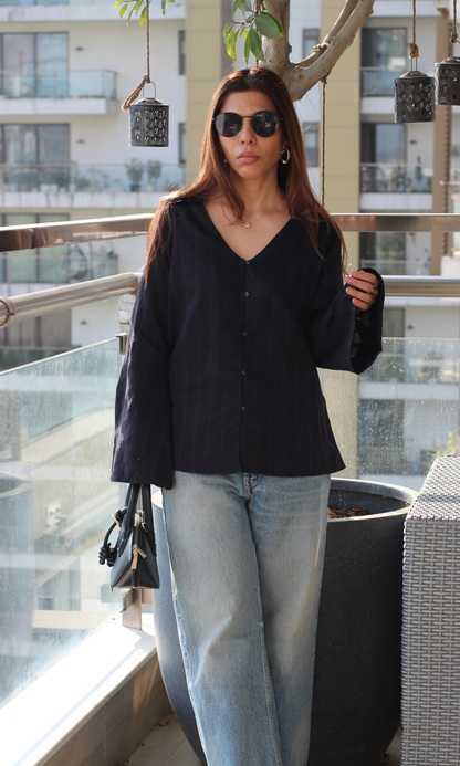 Black Textured Flared Sleeve Shirt