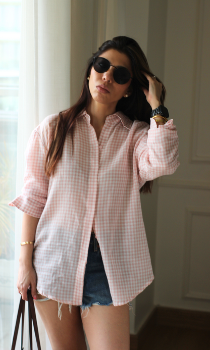 Blush Pink Gingham Micro Check Shirt