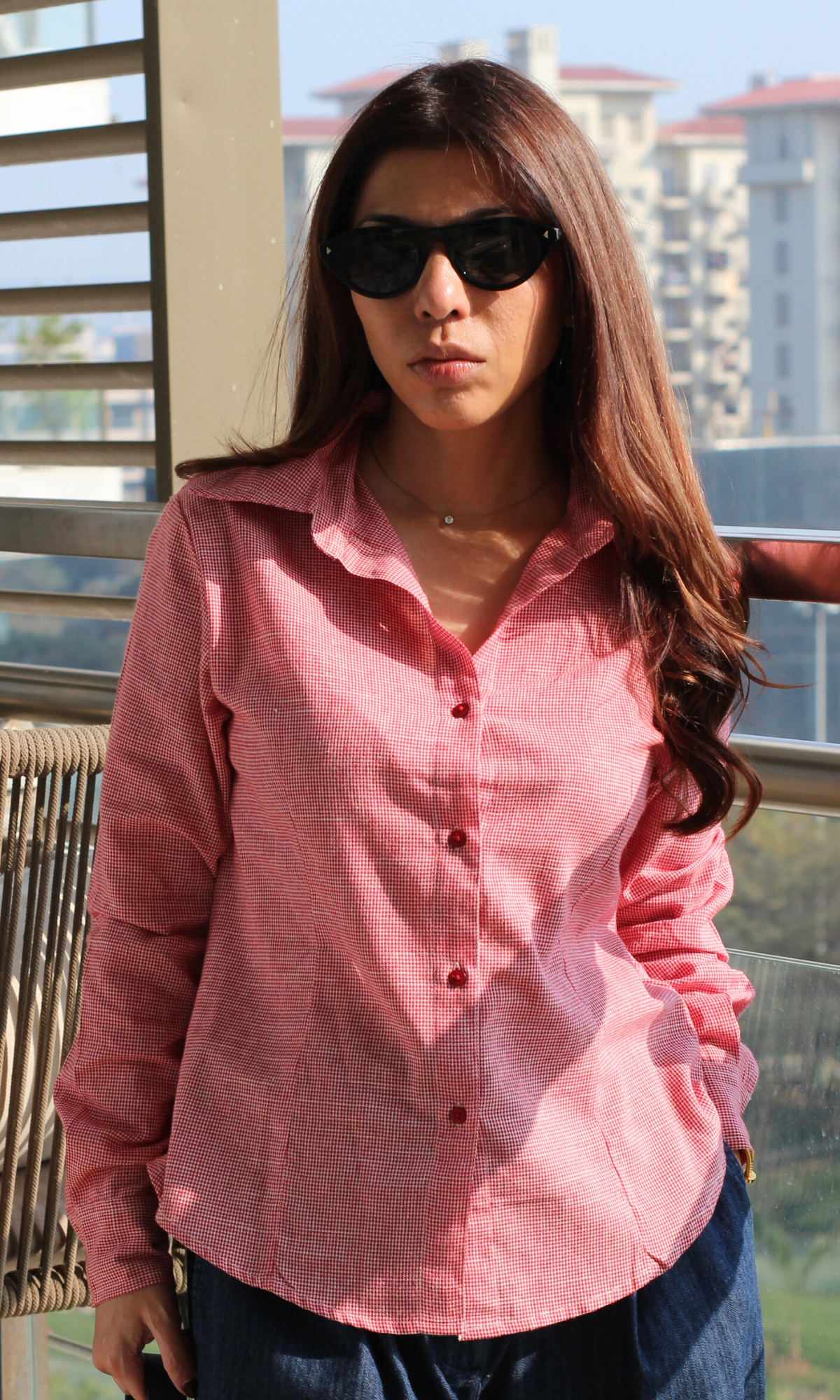 Coral Micro-Check Peplum Shirt