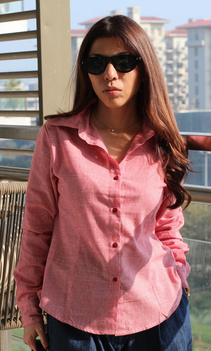 Coral Micro-Check Peplum Shirt