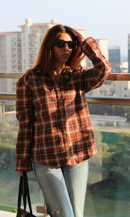 Brown Orange Plaid Checked Shirt