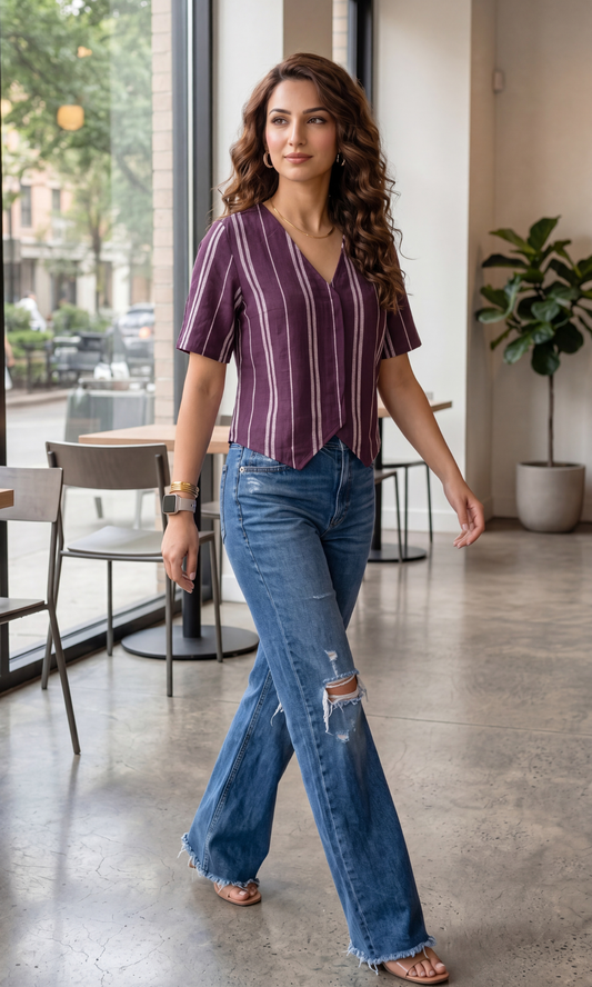 Linear Wine Sleeved Cotton Waistcoat