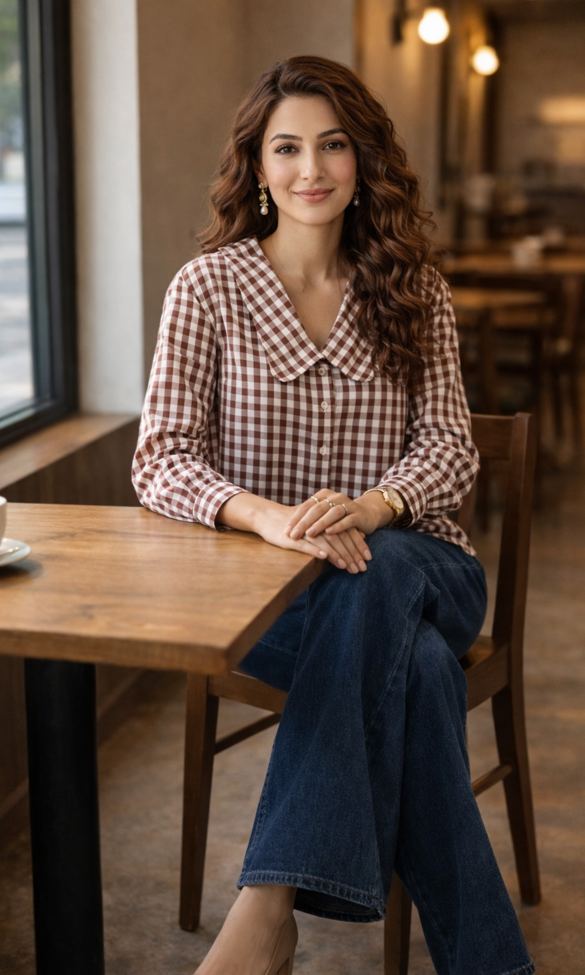 Wine Gingham-Check Peter Pan Collared Shirt