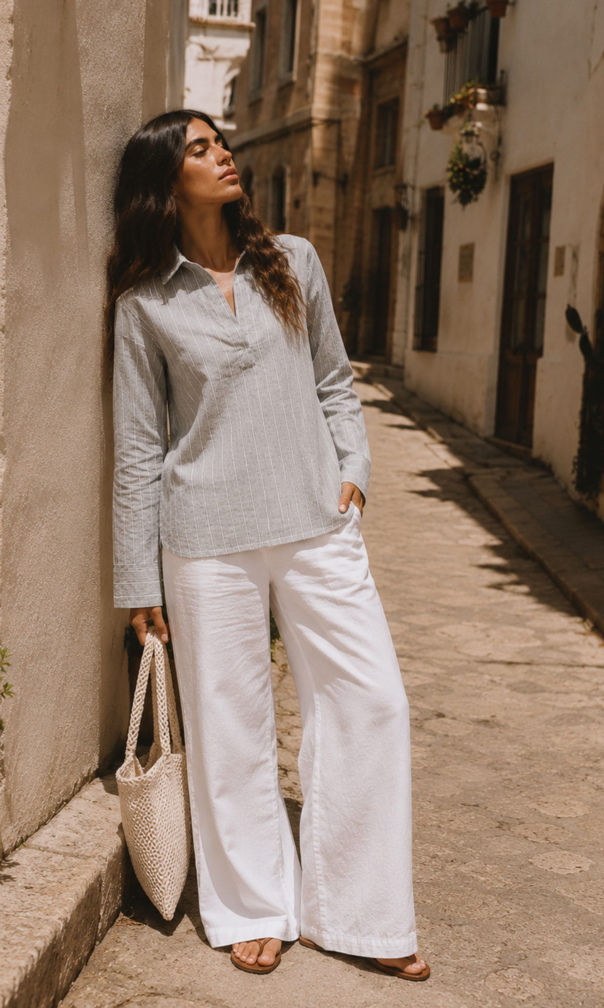 Taupe Stripe Popover Top