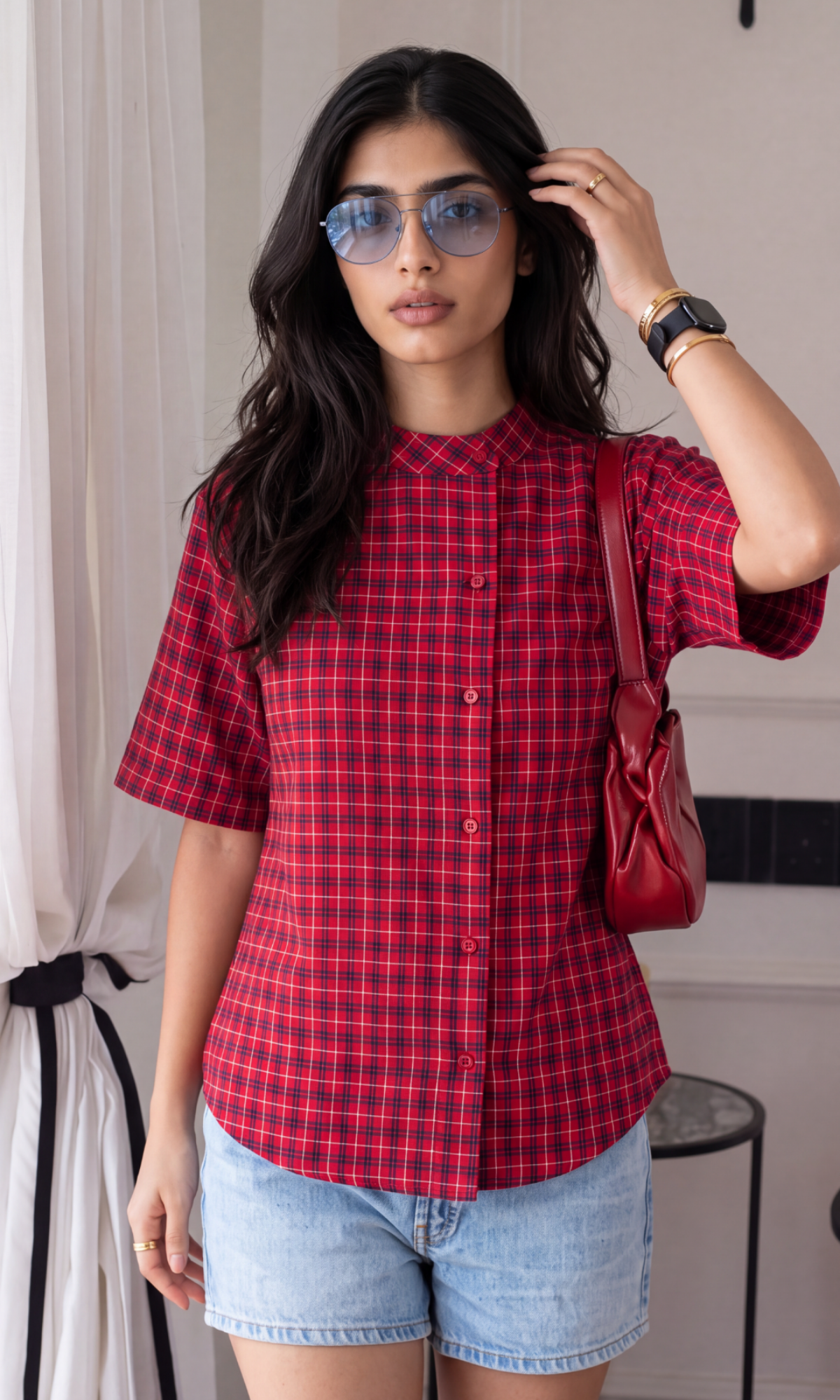 Red Check Mandarin Collar Shirt