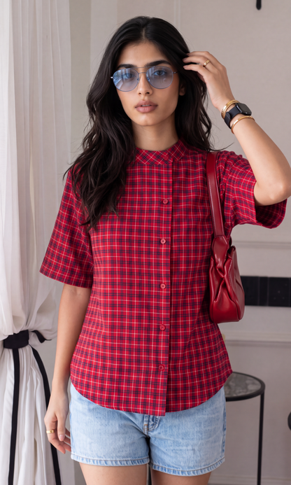 Red Check Mandarin Collar Shirt